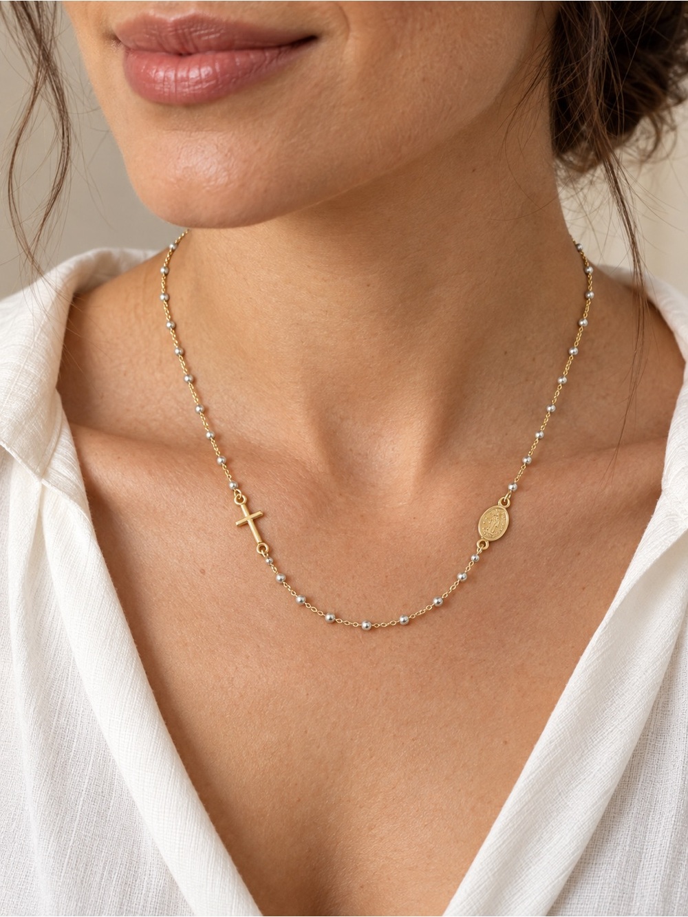 Two tone Beaded Cross and Rosary Medal Necklace - Women's Jewelry